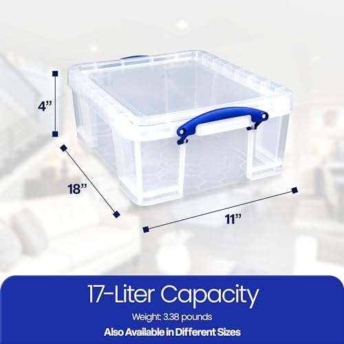 Really Useful Box 17L Plastic Storage Bins - 4 Pack, Clear, Lids & Handles
