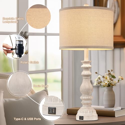 Farmhouse Table Lamps Set of 2 - 28.5in Rustic White Bedroom Nightstand Lamps with USB C+A, Rotary Switch, No Bulbs