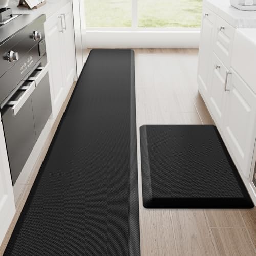 1-Inch Thick Anti-Fatigue Kitchen Mat 2-Piece Set Black 20 x 32 + 20 x 94.5 Inches