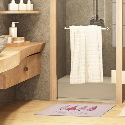Nogrit Pink Christmas Tree Decor Floor Mat 17x30 Inch Anti-slip PVC Holiday Entryway