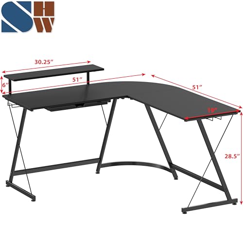 SHW Black 51x51 L-Shaped Corner Desk with Monitor Stand & Drawer