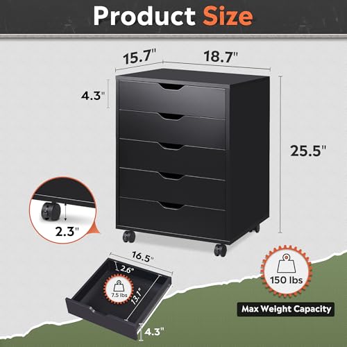 DEVAISE Black 5-Drawer File Cabinet Under Desk Storage 15.7"D x 18.7"W x 25.5"H