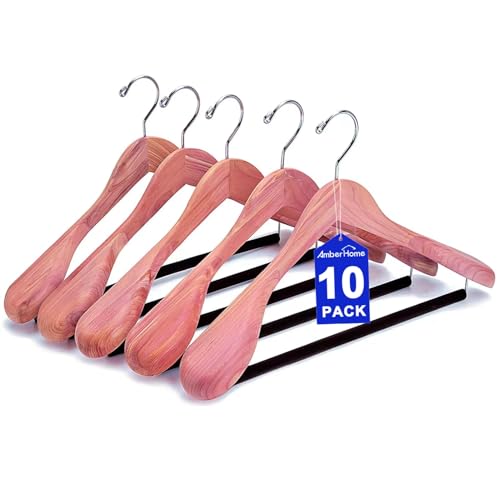 10 Pack Cedar Wood Suit Coat Hangers - Extra Wide Shoulder & Non Slip Velvet Bar