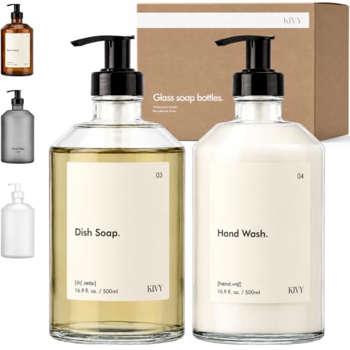 KIVY Glass Soap Dispenser Set 2X 16oz with Waterproof Labels & Pump - Bathroom & Kitchen Accessory