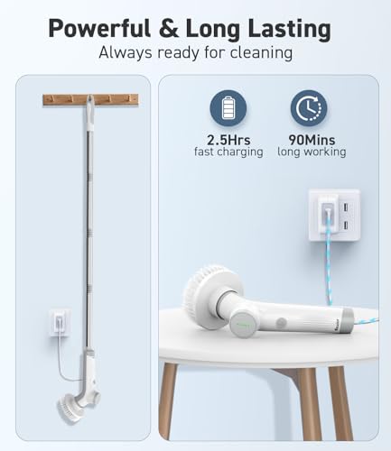Electric Spin Scrubber Cordless Shower Cleaner with Extensible Handle - White