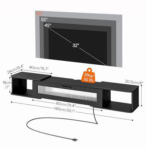 HOOBRO 55.1 Inch Floating TV Stand with LED Light & Power Outlets, Wall-Mounted Media Console for Up to 65" TVs, Black BK34UDDS01G1