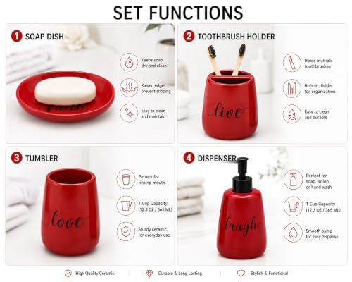 Red Ceramic Bathroom Accessories Set - 4 Piece Farmhouse Decor, Soap Dispenser, Toothbrush Holder, Tumbler & Soap Dish