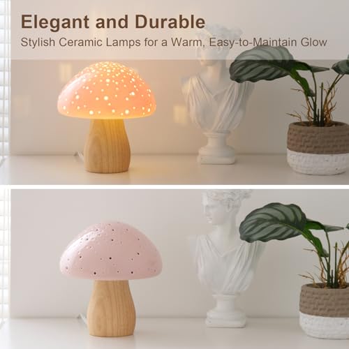 BOHON Pink Mushroom Ceramic Bedside Table Lamp with Warm White LED Bulb
