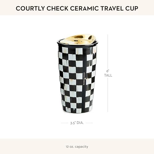 Ceramic Travel Mug with Lid - Black & White Courtly Check Pattern - Reusable Hot and Cold Cup