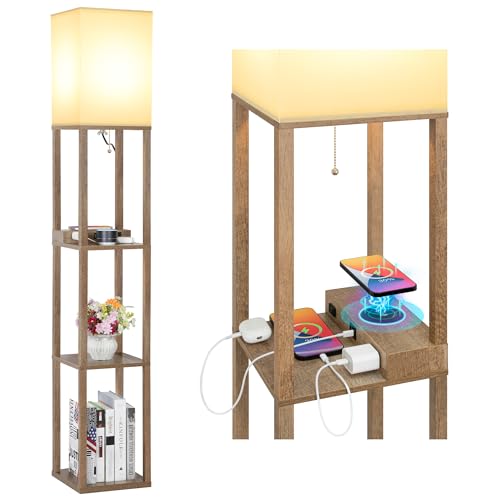 Mlambert Wooden Shelf Floor Lamp with Wireless Charger & USB Ports - Modern Design