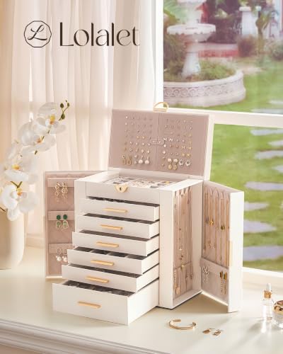Large 7-Layer Jewelry Box Organizer with 6 Drawers - Beige, 11.4" W