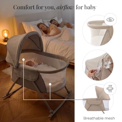 Baby Travel Bassinet - 3-in-1 Folding Cradle with Mesh Sides & Mosquito Net - Beige