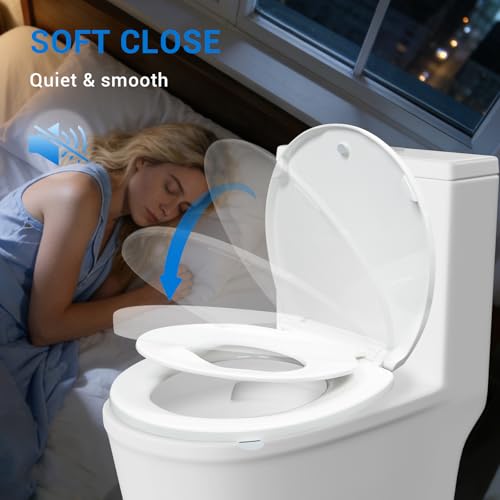 Elongated Toilet Seat with Child Seat - Soft Close & No-Touch Handle, 18.5 Inch, White