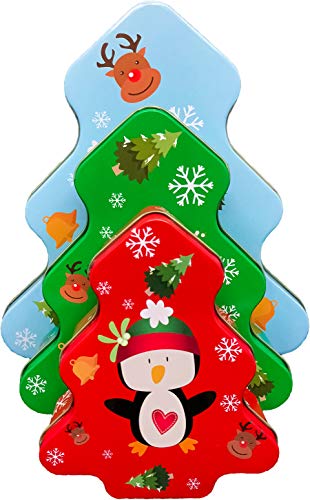 ALEF Christmas Holiday Nesting Tins Set of 3 - Tree Design, Santa, Snowman & Penguin