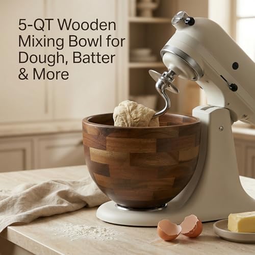 Natural Wood Mixing Bowl for KitchenAid Tilt-Head Stand Mixers - 4.5-5 Qt, Acacia with Stainless Steel Base - Variation of Natural Wood