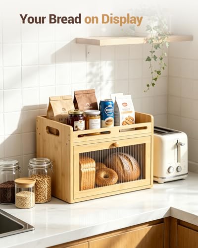 Coiesol Bamboo 1-Tier Bread Box with Top Shelf for Kitchen Countertop Storage