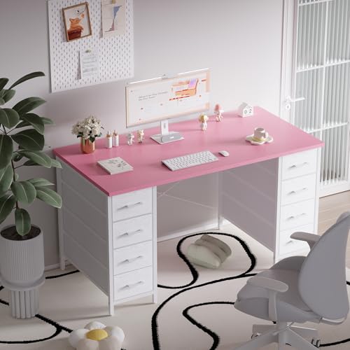 Pink 47-Inch Computer Desk with 8 Fabric Drawers for Home Office & Gaming