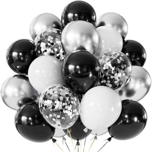 Black and Silver Balloons, 60 Pcs 12 In Metallic Silver, Black, White & Confetti Balloons for New Year¡¯s Eve, Countdown Party, Christmas, Wedding, Birthday, Graduation, Anniversary Decorations