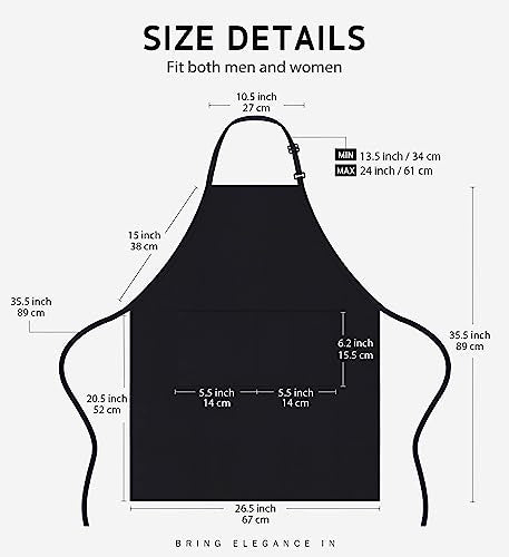 Cotton Apron with Large Pockets - Adjustable Kitchen & Cooking Apron for Men Women - Black