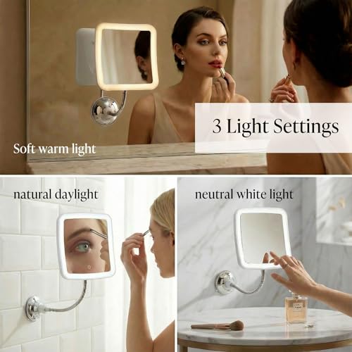 Rechargeable 10x Magnifying Makeup Mirror with LED Lights, Flexible Gooseneck & Suction Mount