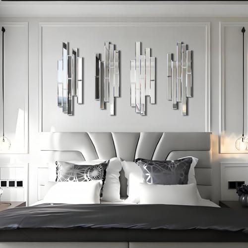 VOHJD Silver 4 Pack Wall Decor Mirrors - 24x8 Inch Beveled Modern & Farmhouse Design