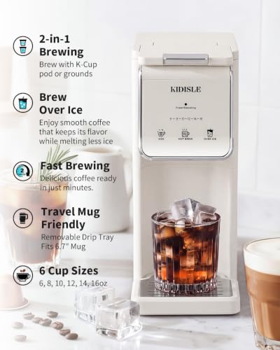KIDISLE Single Serve K Cup & Ground Coffee Maker, Hot Iced Brew, White