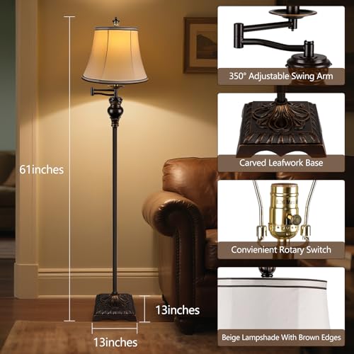 Vintage Floor Lamp Brown - Adjustable 350° Swing Arm Farmhouse Standing Light for Living Room & Bedroom