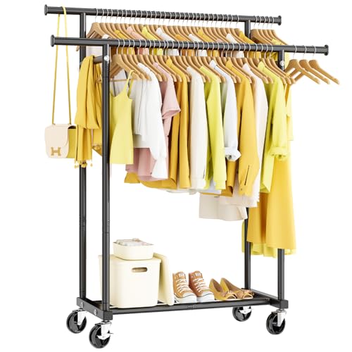 HYSEYY Double Rod Clothes Rack with Wheels, Black, 16.5"D x 44.3"W x 63"H, Portable Garment & Wardrobe Storage