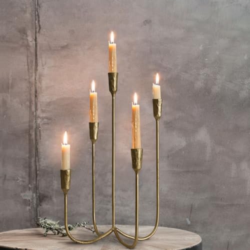 Antique Brass 5-Arm Candle Holder - 15 Inch Cast Iron Candelabra for Weddings & Home Decor