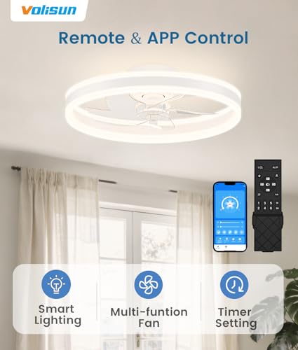VOLISUN 20 Inch White Low Profile Ceiling Fan with Dimmable LED Lights and Remote - Flush Mount Fandelier for Bedroom