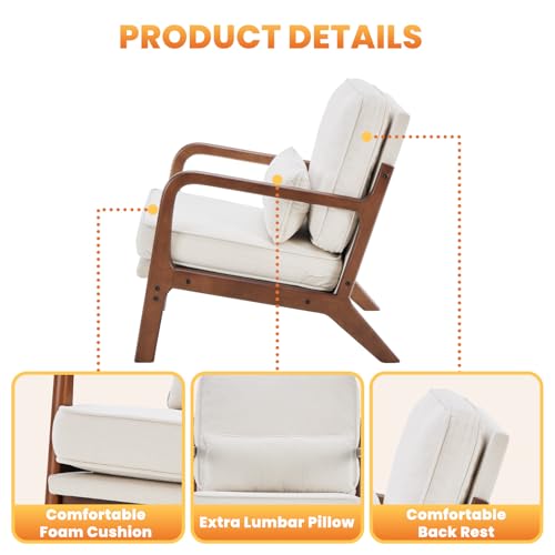 DUMOS Linen Beige Mid Century Modern Accent Chair with 16'' Seat - Cozy Lounge Seating