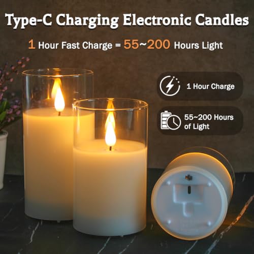 White Glass-Droplet Rechargeable Flickering Flameless Candles with Remote & Timer - Set of 3