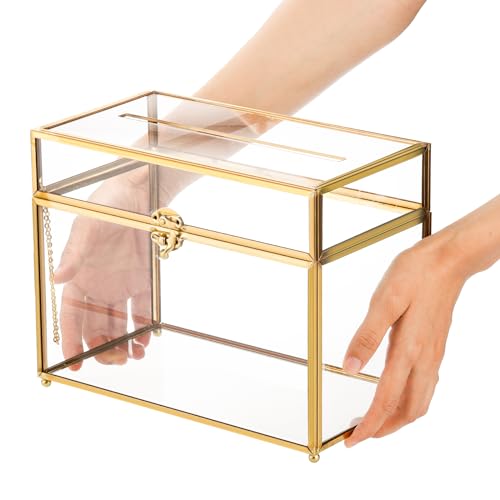 Glass Wedding Card Box with Lock and Gold Rim - Vintage Clear Gift Holder