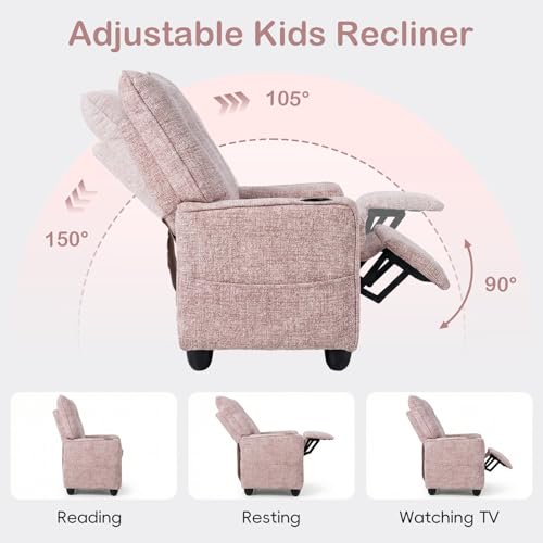 Pink Velvet Kids Recliner with Adjustable Backrest & Footrest, Cup Holder & Side Pockets