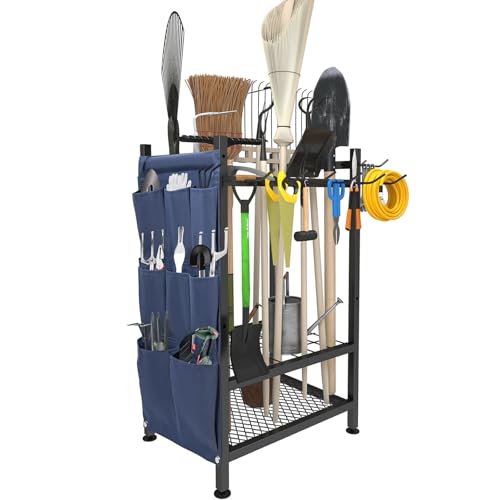 Garden Tool Organizer Rack with Hooks and Storage Bag - Metal Yard Storage for Garage, Shed, Patio