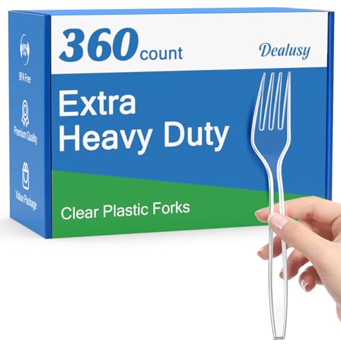 Dealusy 360 Pack Heavy Duty Clear Plastic Forks - Disposable & Reusable, Food Grade, Hot & Cold Use