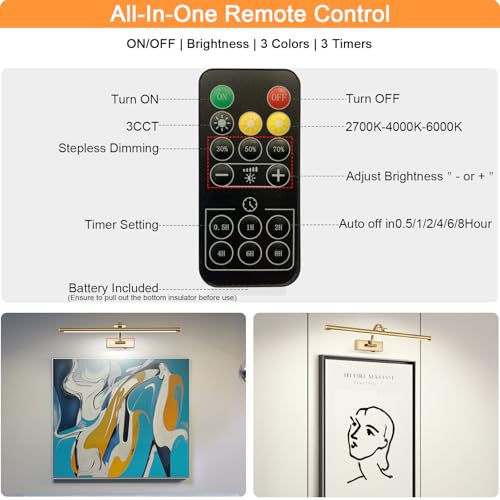 Brass Rechargeable Battery Operated Picture Light with Remote - 23.6 Inch Dimmable Art Wall Sconce