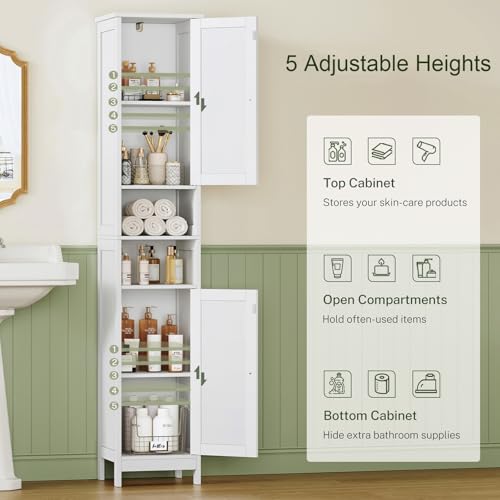 TEENFON 67" Tall Bathroom Cabinet with Adjustable Shelves and Doors,