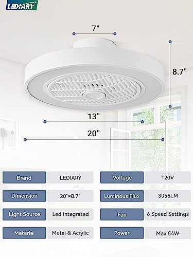 20 Inch White Low Profile Bladeless Ceiling Fan Light - Dimmable LED & Remote Control