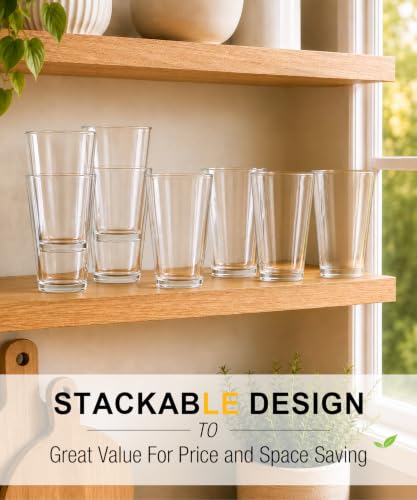 16oz Stackable Drinking Glasses Set of 8 | Heavy Base Crystal Water Cups