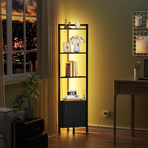 Furnulem 5-Tier Corner Shelf with LED Light - Black Oak Corner Cabinet with Doors