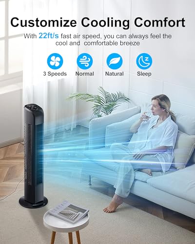 Uthfy 30-Inch Black Oscillating Tower Fan with Remote - Quiet Bladeless Floor Fan for Bedroom & Home