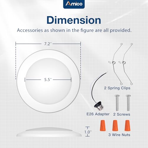 Amico 12 Pack 5/6 Inch Dimmable LED Disk Lights - White, 5 Color Temps, Flush Mount Ceiling