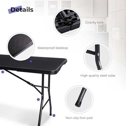 Black 6ft Folding Table - Heavy Duty Portable Utility Table with Handle