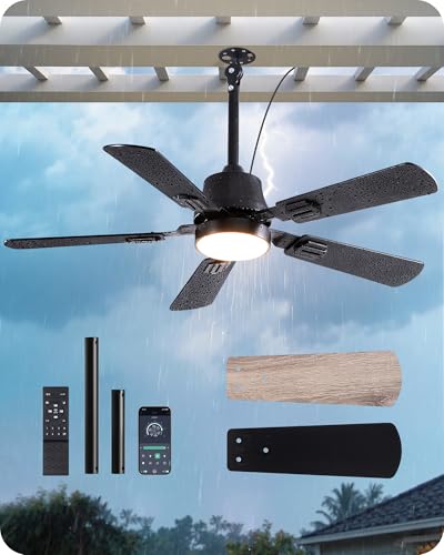 42-Inch Outdoor Waterproof Ceiling Fan with Light - Black, Remote Control