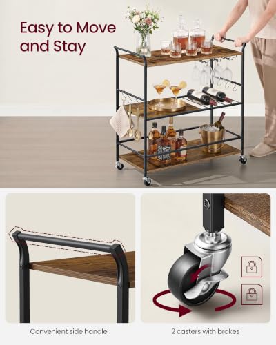 VASAGLE Rustic Brown & Matte Black Bar Cart with Wheels, Wine Rack & Glass Holder - 33.3 x 15.7 x 33.7 Inches