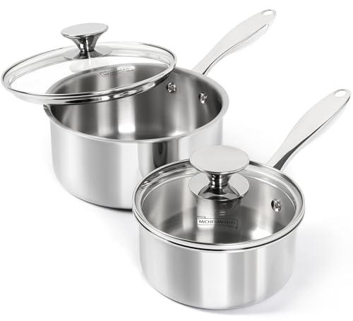 Michelangelo Full Tri-Ply Stainless Steel Saucepan Set 1Qt & 2Qt with Glass Lids