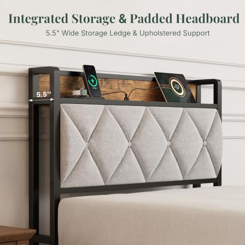 HAPPYMONT Twin Platform Bed Frame with USB Charging Ports & Storage