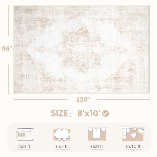 MXSANYOO 8x10 Beige Vintage Washable Rug - Large Non-Slip Low Pile Living Room Carpet