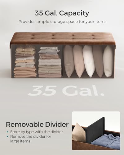 SONGMICS Storage Ottoman Bench - 43.3 Inch Folding Foot Rest Stool - Coffee Brown